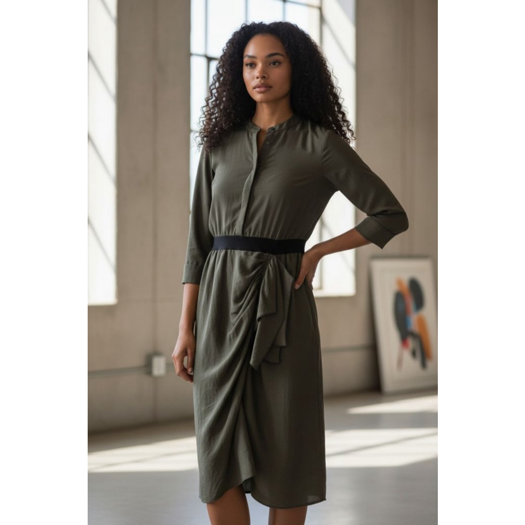 Bcbgmaxazria Olive Green Midi Dress With Black Waist M